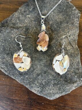 Hand Crafted Shell Mosaic Necklace & Earrings - Cream, Tan, Brown